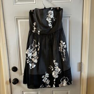 White House Black Market Strapless Black Dress with White Floral Design